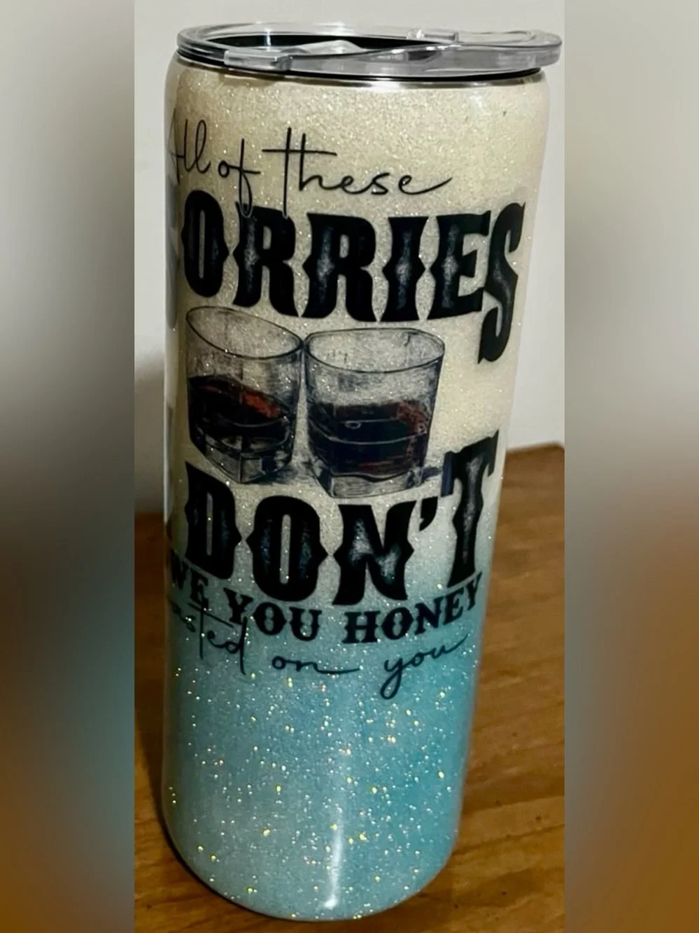 Glitter Ombre Tumbler with Whiskey Graphic - Blue & Cream